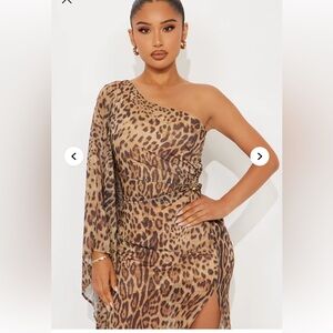 Fashion Nova One-Shoulder Leopard Dress in Brown and Tan